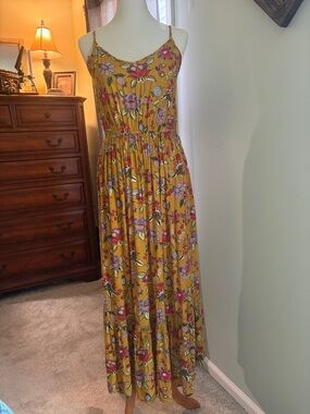 World Market Mustard Floral Spaghetti-Strap Maxi Dress